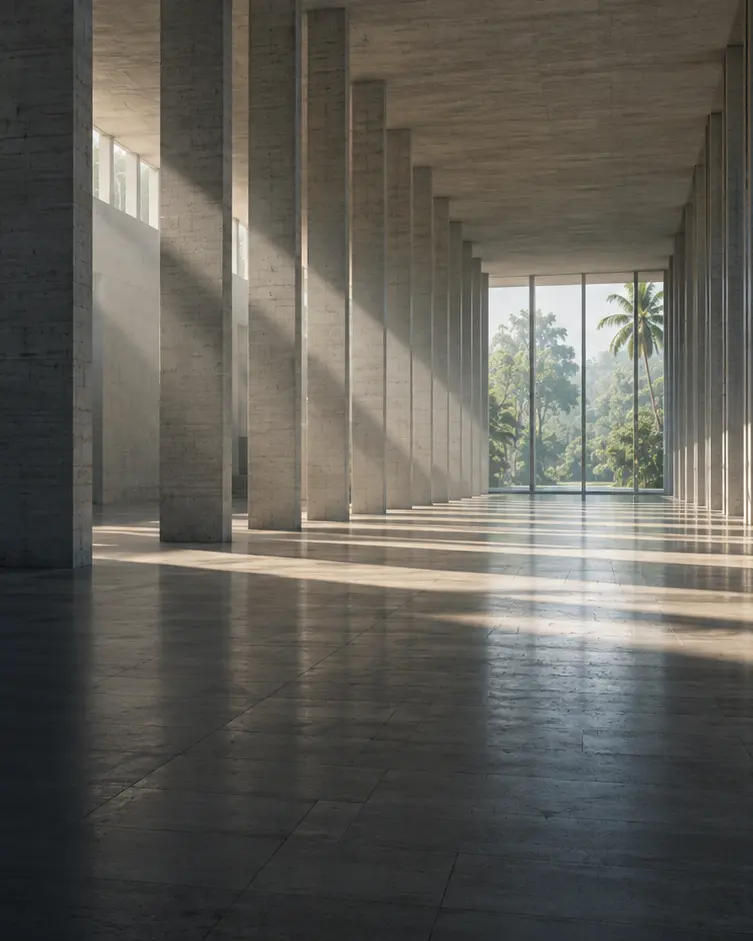 An empty concrete colonnade hall, morning light raking across the stone floor, tropical trees beyond a glass wall. Illustrative image.
